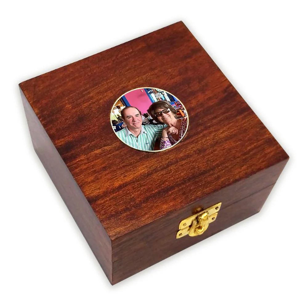 Wood box with Latch and recessed Medallion with Crystal Dome - Customization of Medallion is included.