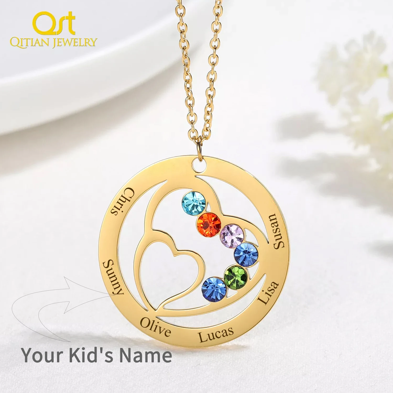 

Birthstone Name Necklace Custom Engraved Name Pendant For Family Personalized Round Stainless steel Jewelry Heart Collares Gifts