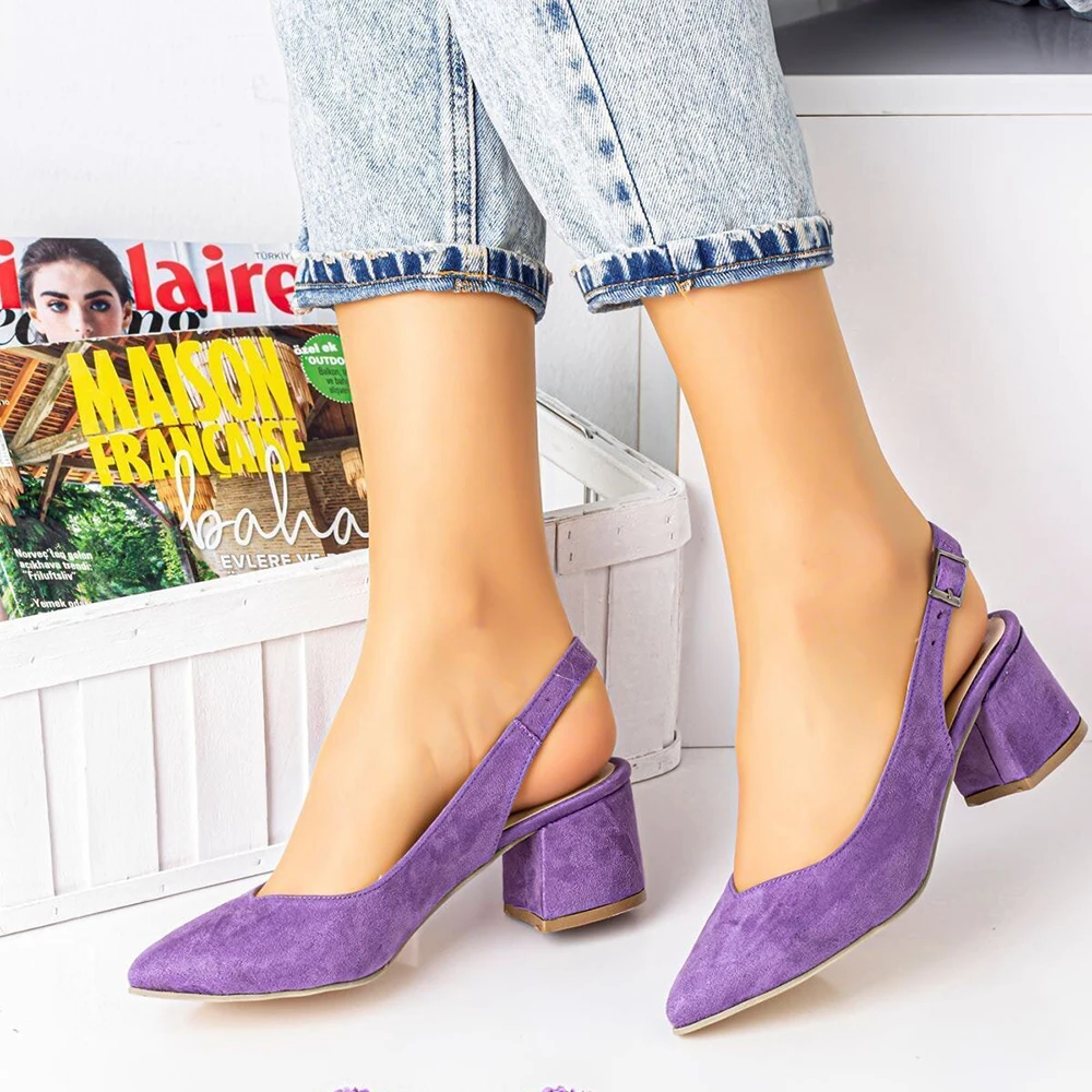 Lilac Suede Ankle Strap Women Sandals Pointed Toe Heels for Women Thick Heel Pumps for Women 7 cm Heels Women Ladies Pumps