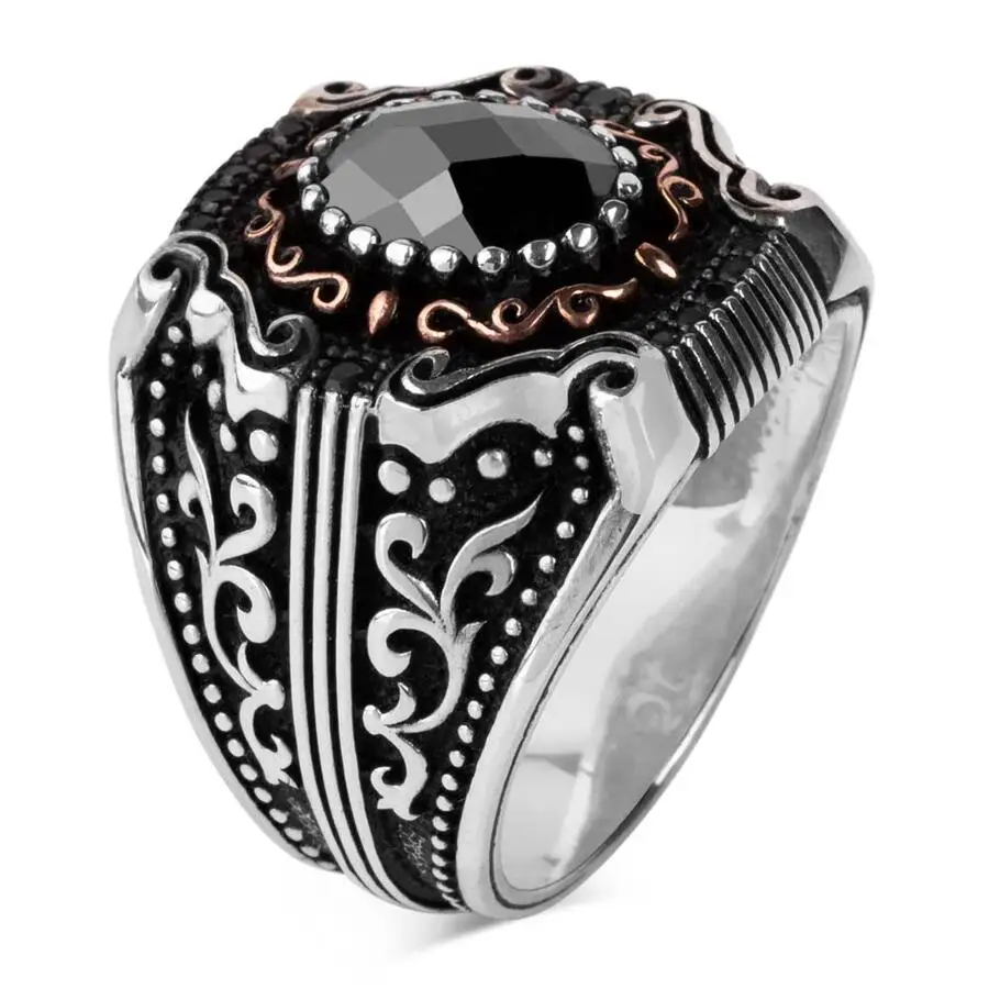 925 Sterling Silver Black Zircon Stone Patterned Silver Men's Ring Fashion Turkish Premium Quality Handmade Jawelery