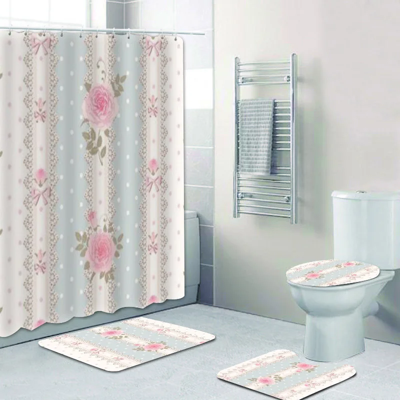 Romantic Polka Dot with Roses Laces Bows Shower Curtain Set Girlish Striped Floral Flowers Bathroom Curtains for Toilet Mats Rug