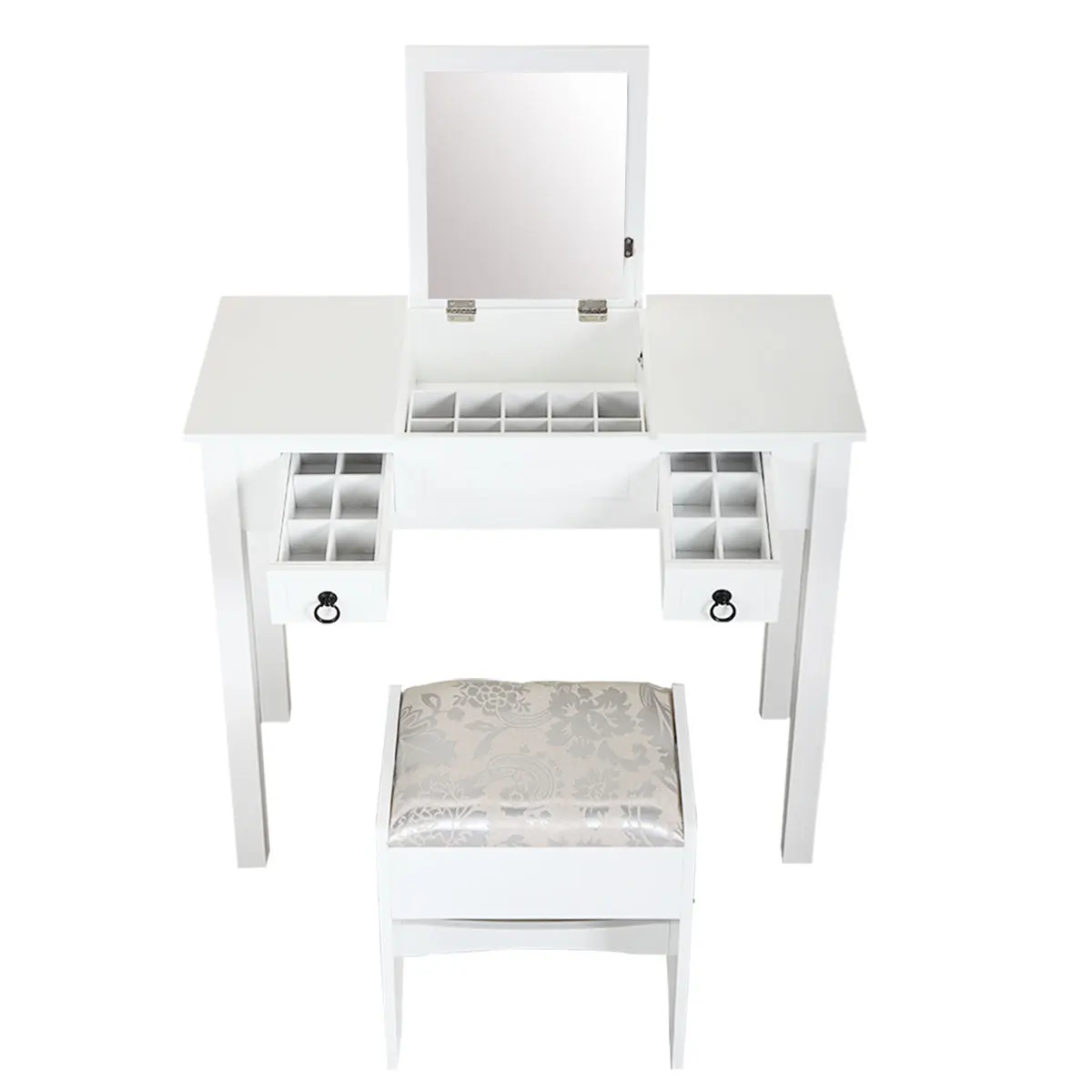 Vanity Set Table with Flip Top Mirror Makeup Dressing Table with 2 Drawers 3 Storage Organizers Dividers Cushioned Stool White