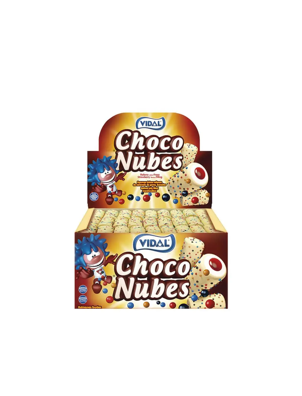 VIDAL CHOCO crispy clouds box of 75 units-Marshmallow filled with strawberry and coated with choco. Combines the softness of the clouds vanilla flavor, with the intensity of the filling and the crisp topping