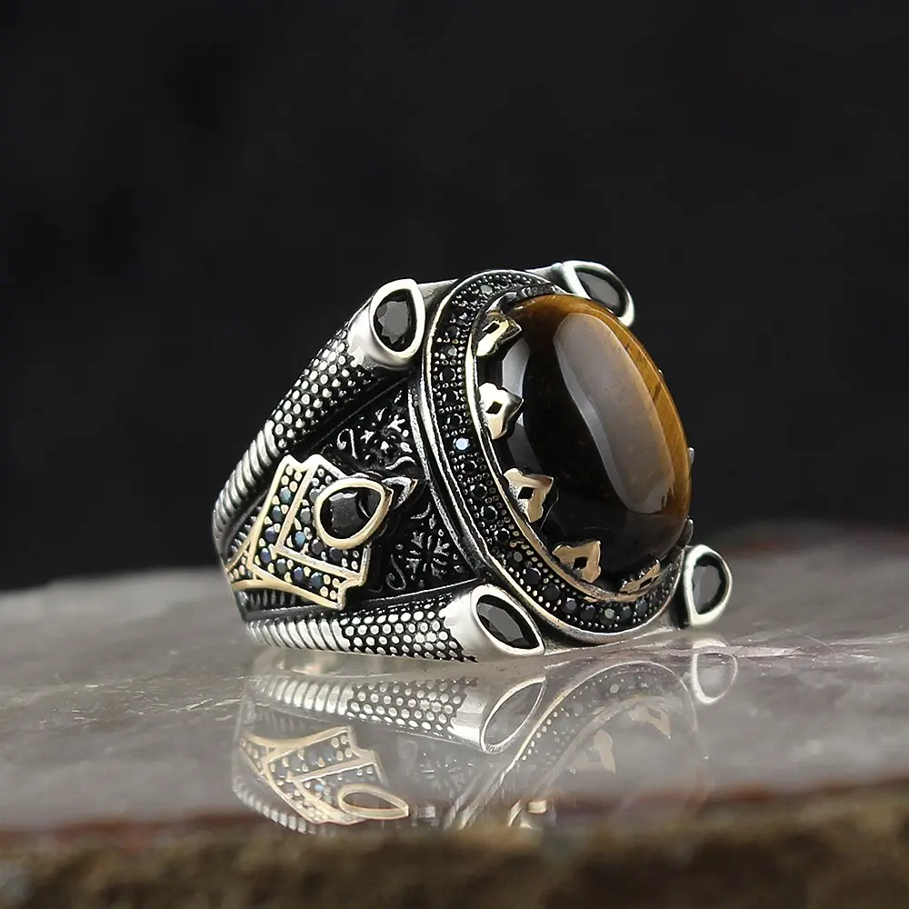 925 Sterling Silver Ring for Men  Tiger Stone, Jewelry Fashion Vintage Gift Onyx Aqeq Mens Rings All Size