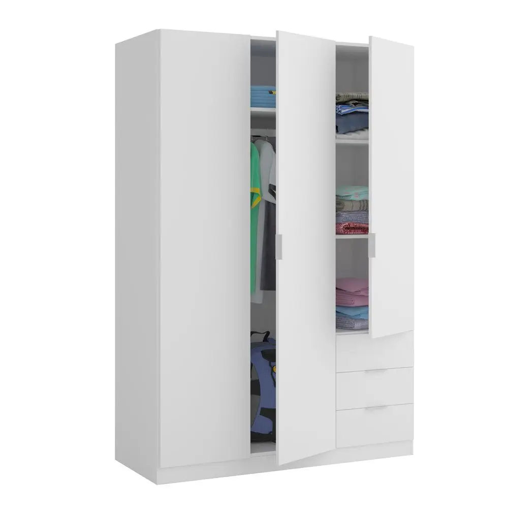 Bedroom wardrobe white Color 3 doors 3 drawers shelves and hanging bar 121x52x180 cm