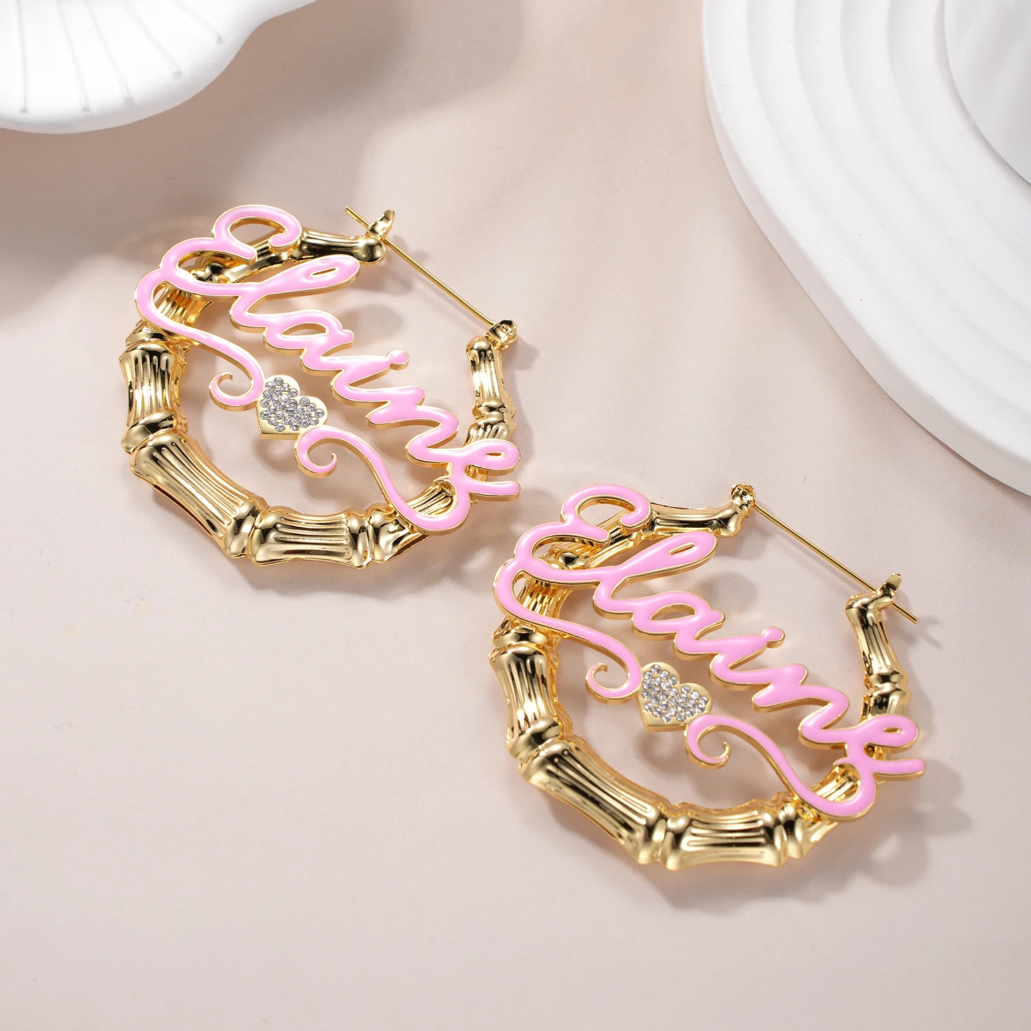 

Custom Bamboo Hoop Earrings With Heart Personalized Heart Crystal Name Earring Bamboo Enamel Jewelry Summer Gift for Women
