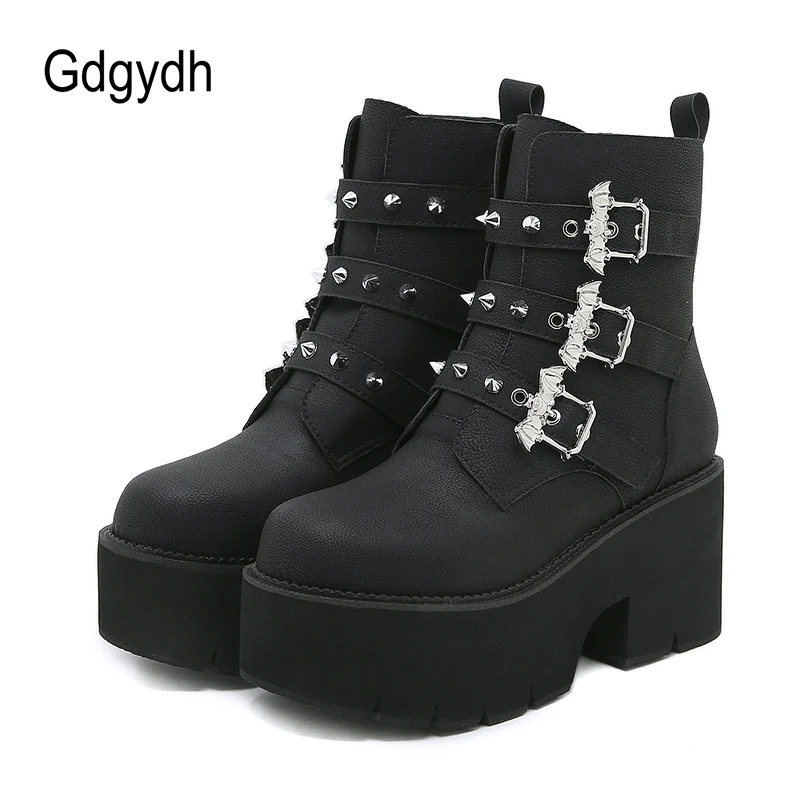 Gdgydh Sexy Rivets Black Demoia Boots Women Metal Decoration Platform Heels Gothic Bat Buckle Strap Ladies Short Boots Plus Size