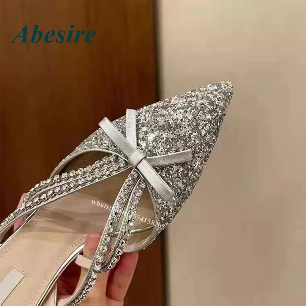 2022 Pointed Toe Crystal Pumps Ankle Strap Kitten Heel Butterfly Knot Rhinestone Bling Casual Shoes Summer Party Shoes Ladies