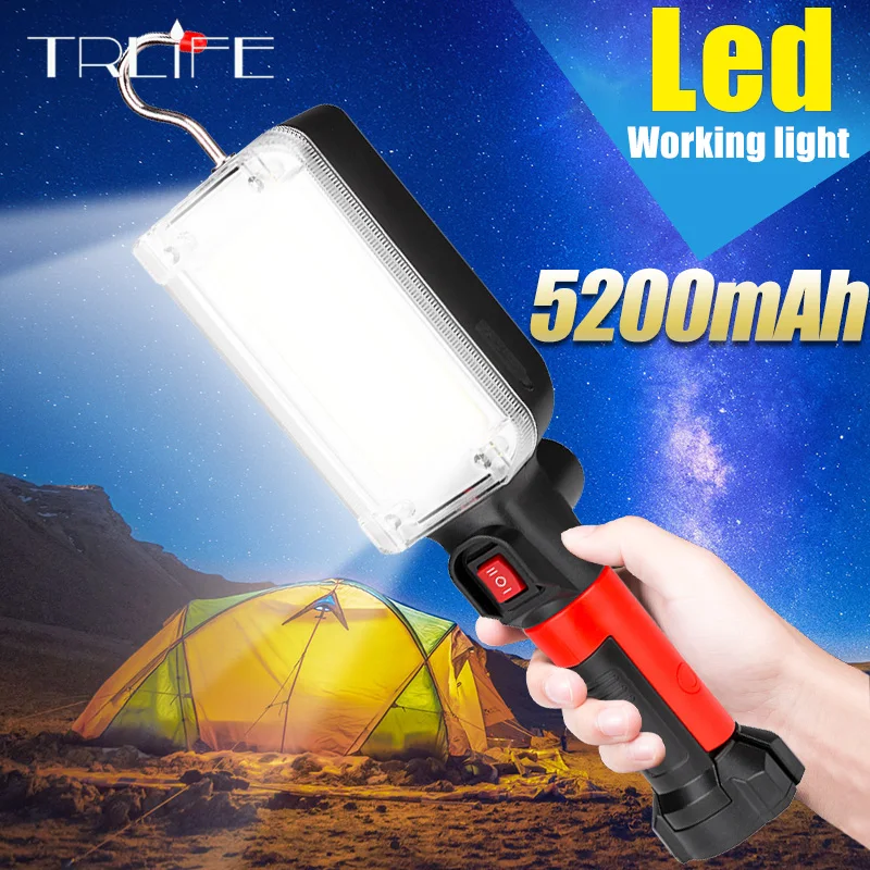 Luz LED de trabajo potente linterna portátil gancho imán lámpara de Camping COB USB recargable 5200mAh 18650 linterna antorcha impermeable