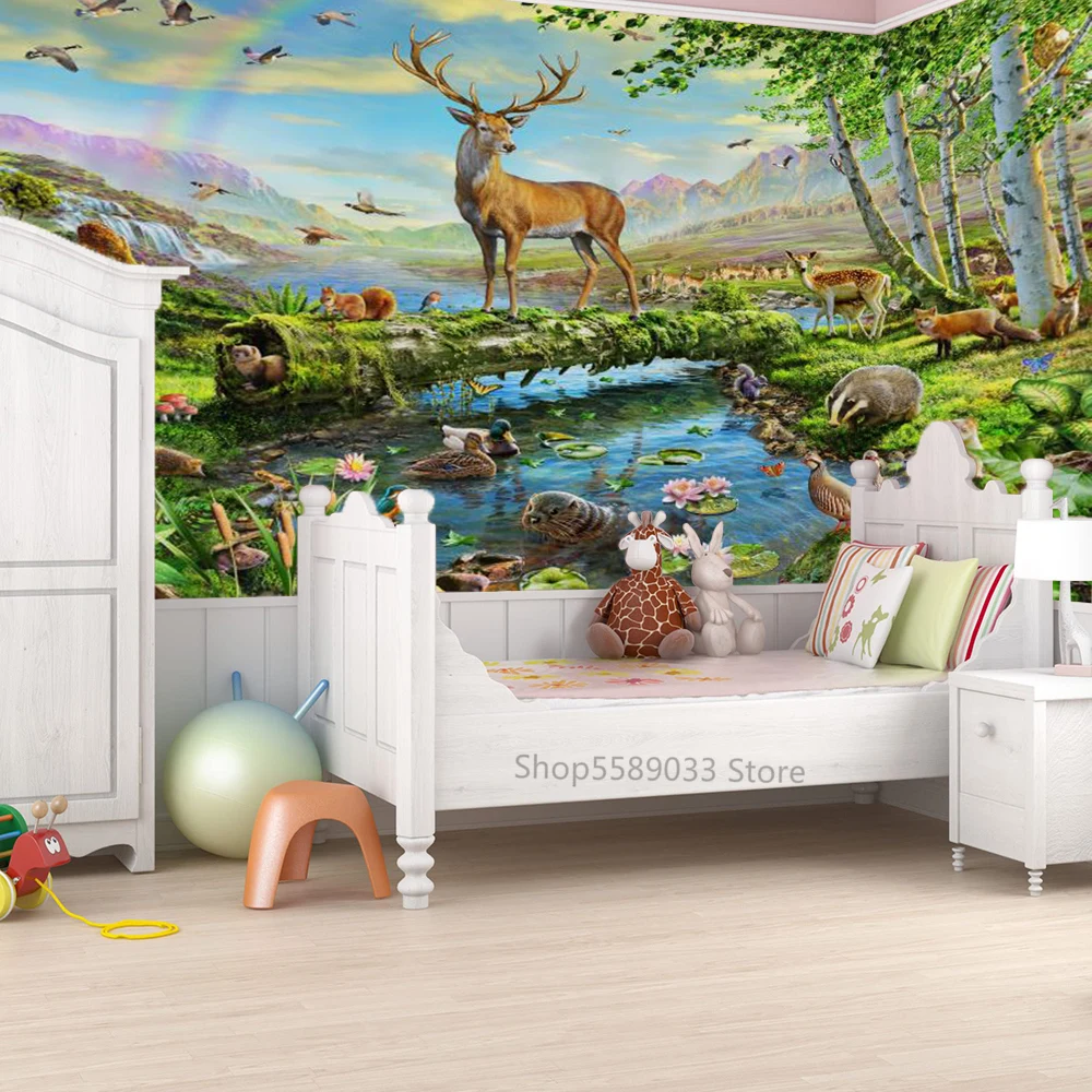 

Woodland Little Animals Photo Wallpapers Bedroom Decoration For Kids Room Nursery Rainbow Sika Deer Birds Civet Cat Mural Poster