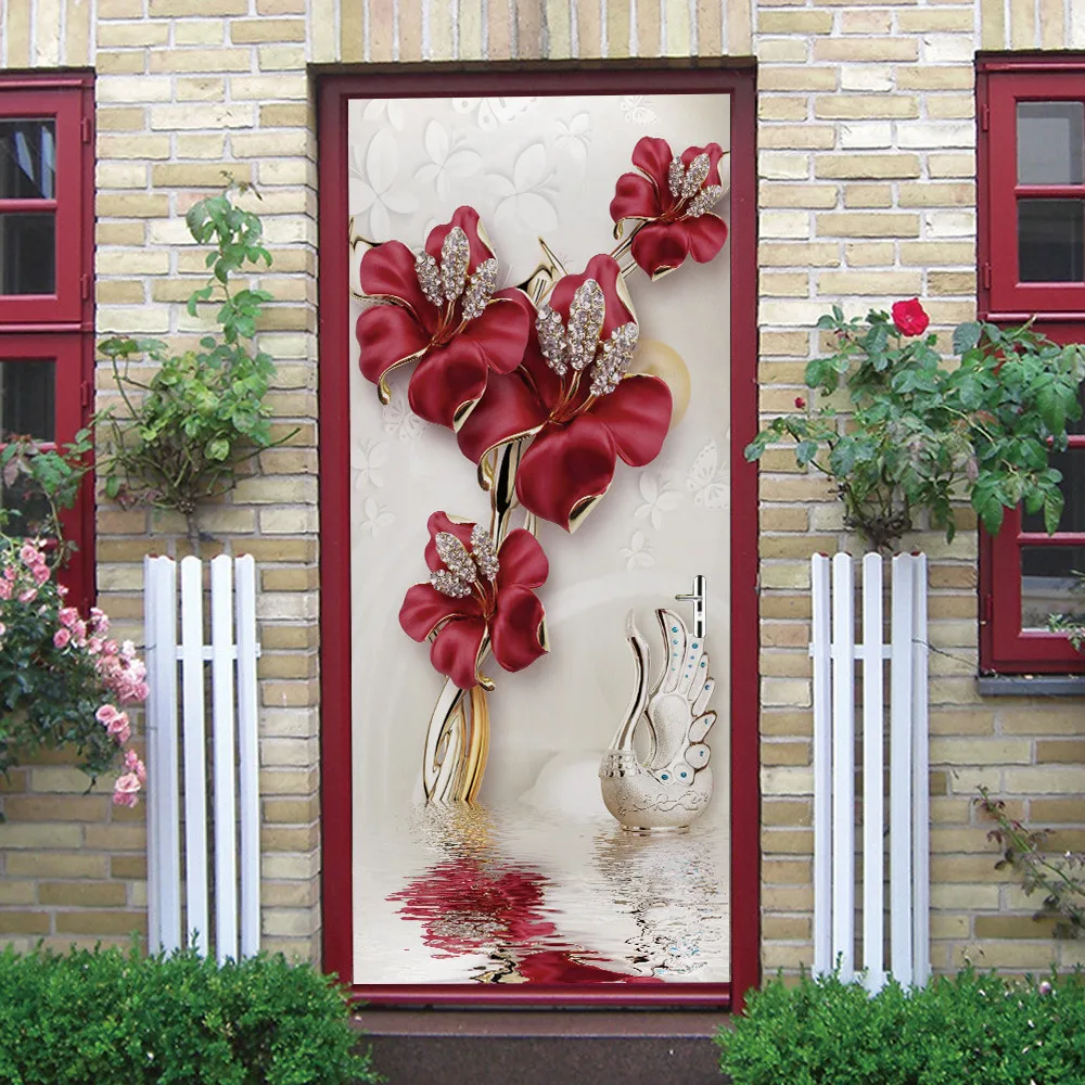 Corridor Bedroom Wall Decoration House Renovation Door Sticker Modern Life Design Adhesive Poster Vinyl Waterproof Flower Murals