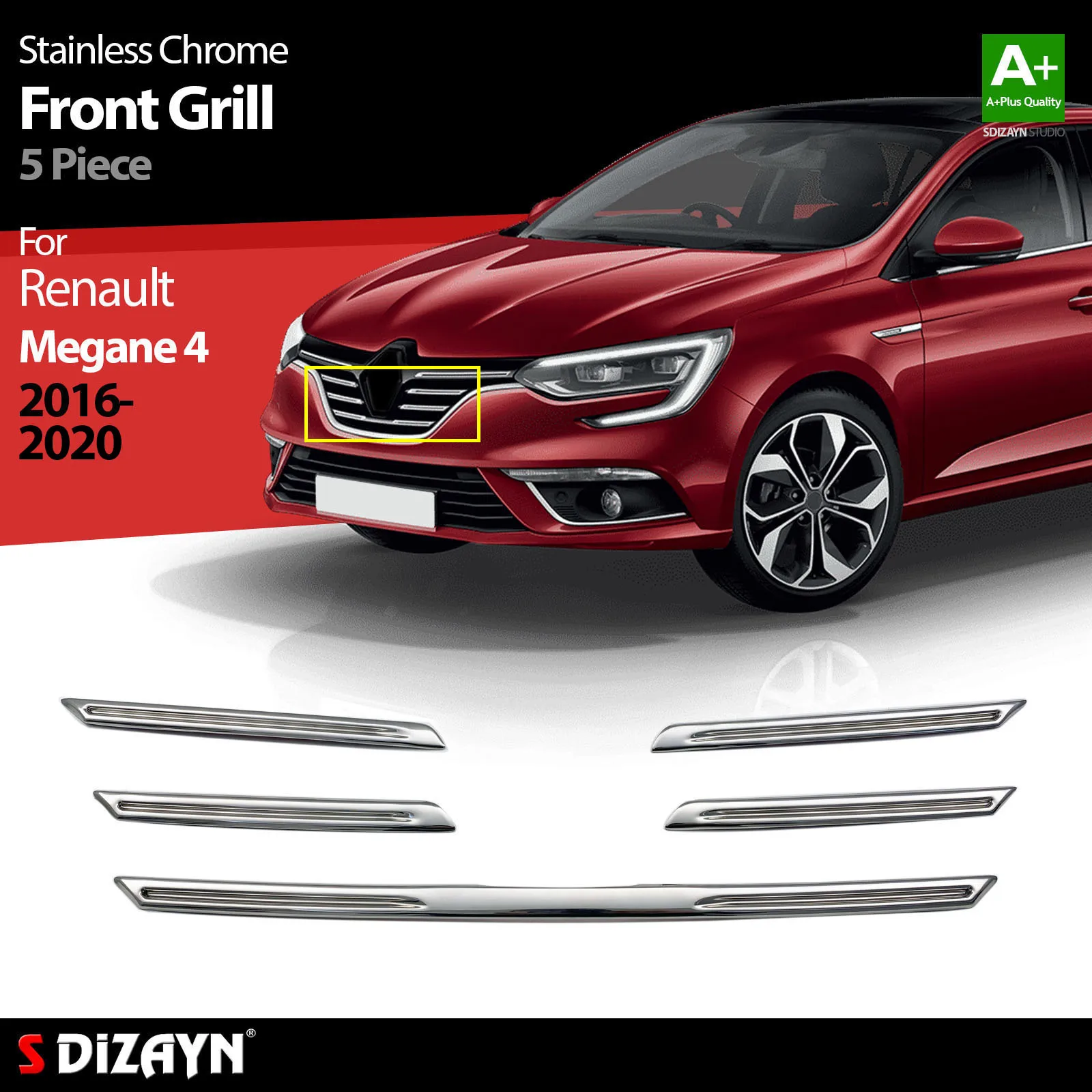 S Dizayn For Renault Megane 4 Chrome Front Grill Stainless Steel 5 Pcs Exterior Car Accessories Parts Auto Products Stickers