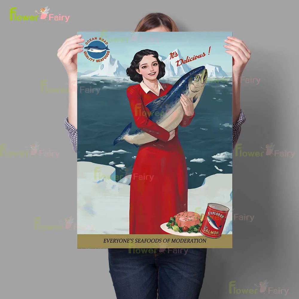 Illustration Girl Explorer Salmon Nordic Poster Wall Art Canvas Painting Laundry Day Wall Pictures For Living Room Unframed