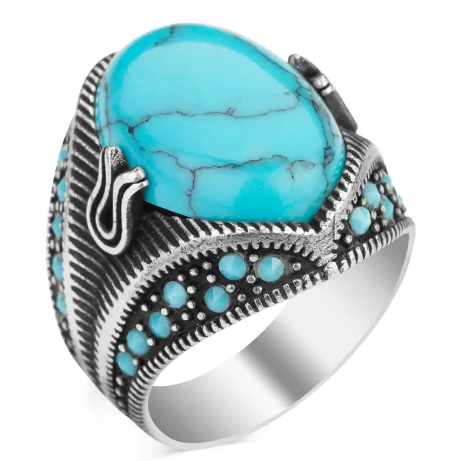 

Sterling Silver Mens Ring with Turquoise Chalchuite Stone Fashion Turkish Premium Quality Handmade Jawelery