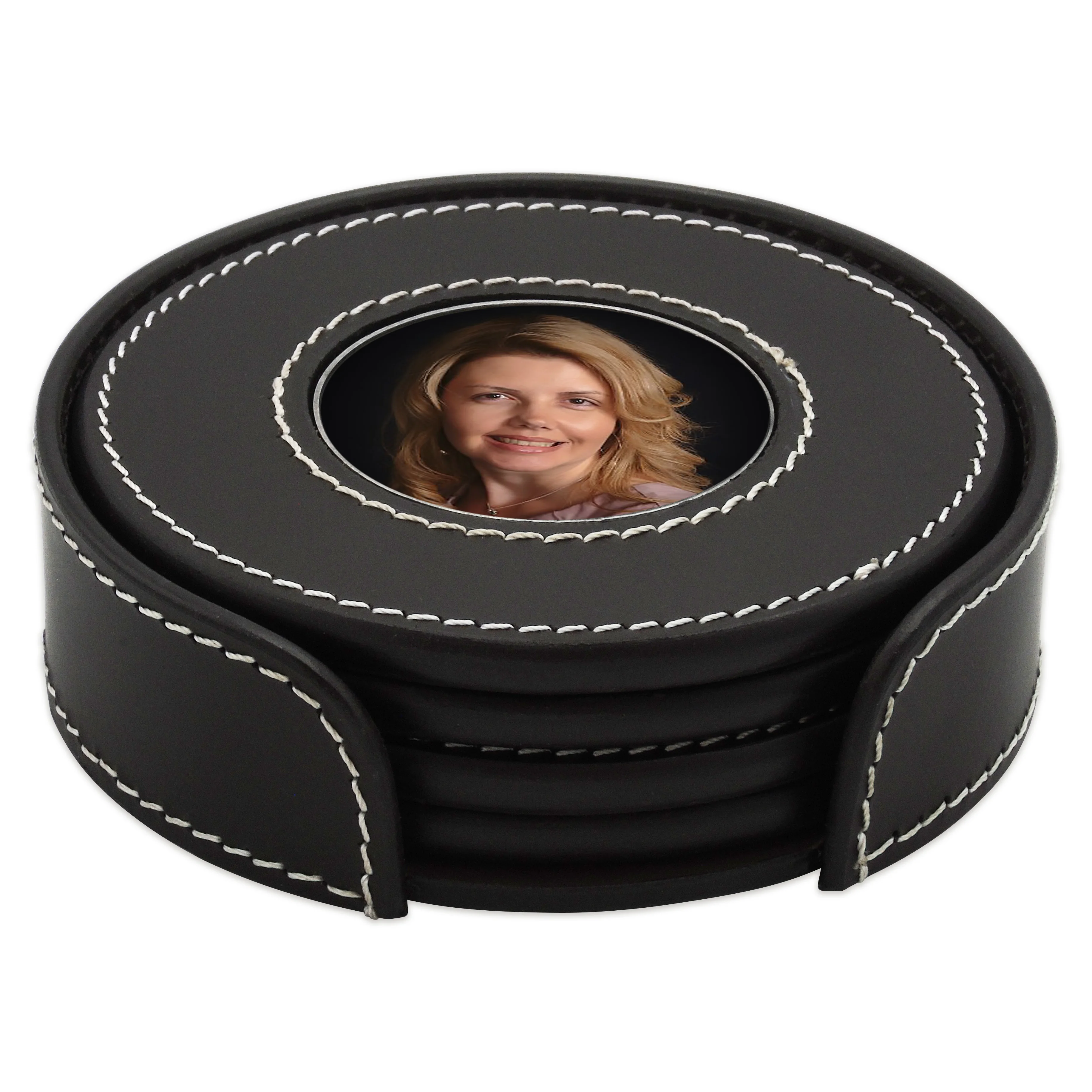 Leather Coaster Set with 4 Coasters and Holder - with 4 Metal Medallions to Choose  - Color Black - Customization of medallions are included in the price.