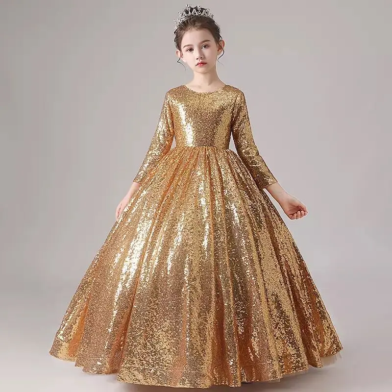 Kids Maxi Party Wedding Toddler Girl Clothing Gorgeous Gold Sequins Children Pageant Gown Baby Princess Dress Chinese Style Robe