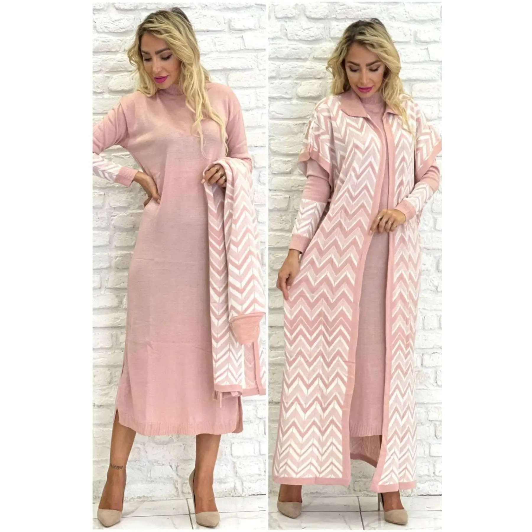 2 Piece Women\'s Set Wave Pattern Knitwear Maxi Turtleneck Sleeve Detailed Dress and Turn down Collar Maxi Cardigan Suit Turkey