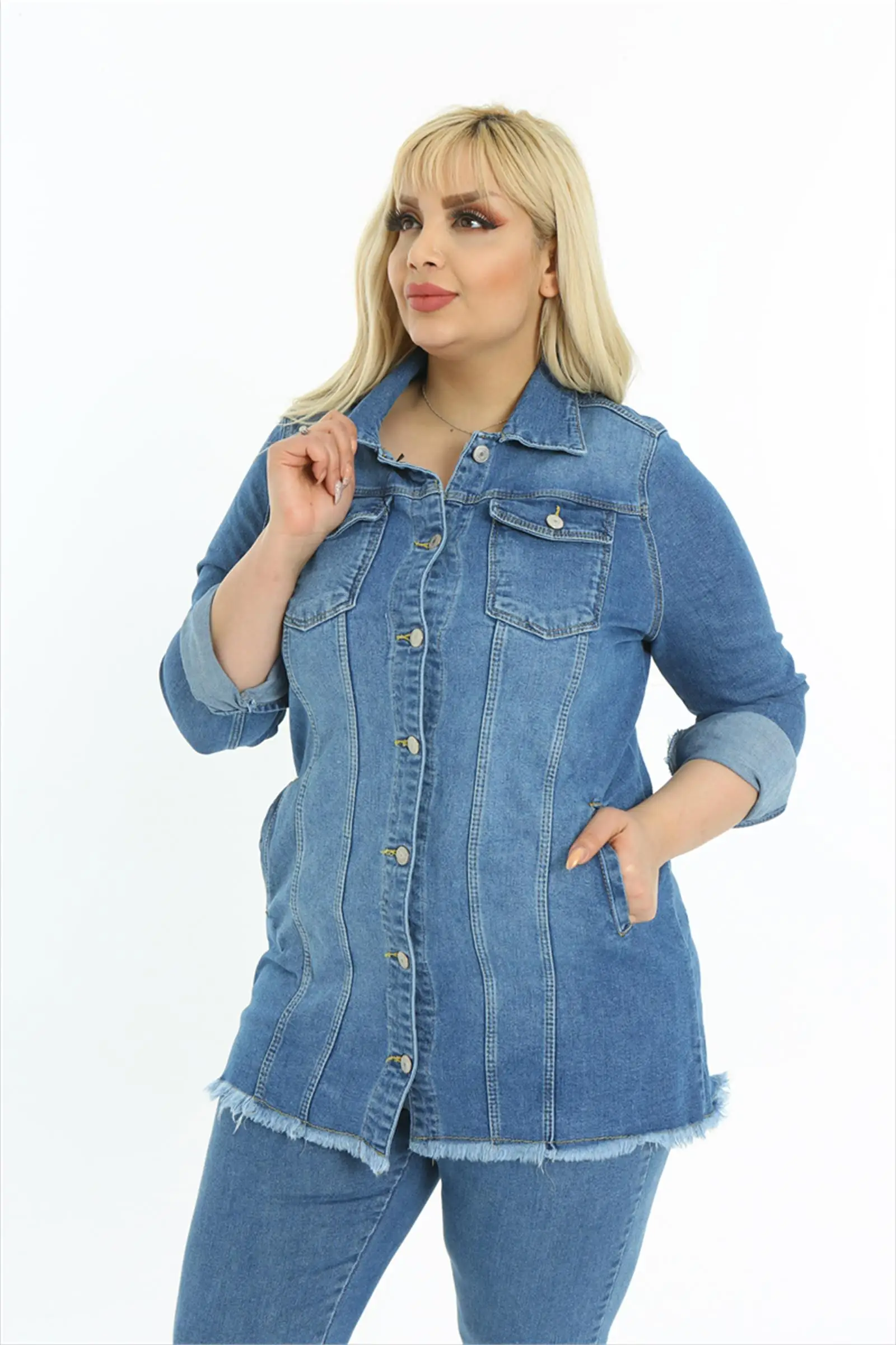 Diaves Women Plus Size Long Sleeve Denim Jacket Fashion Mid-length Pocked and Button Detailed Jeans Turkish Quality