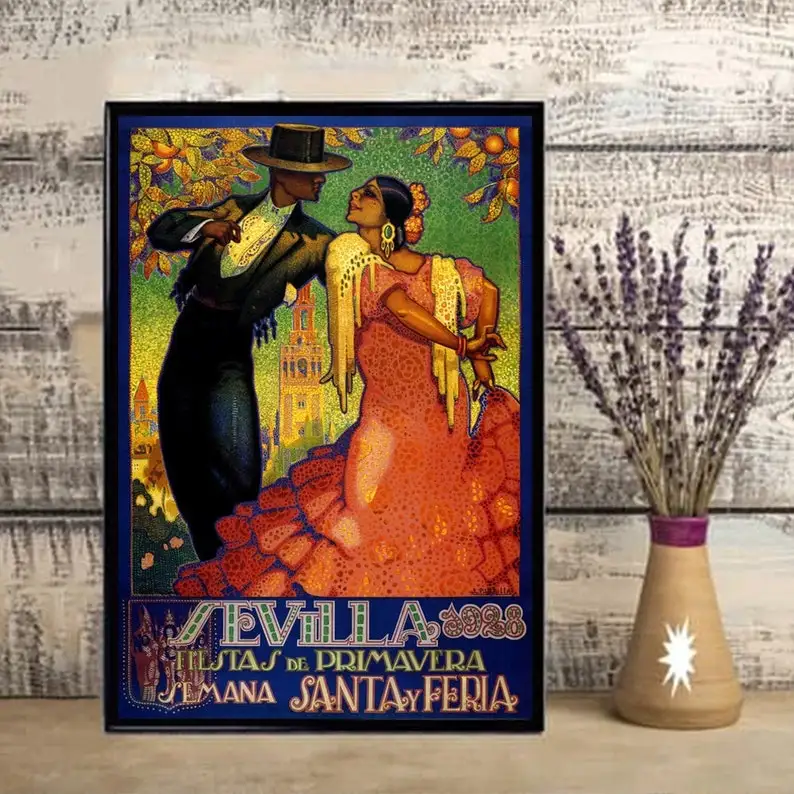 Mardi Gras New Orleans Louisiana Seville Spain Couple Dance Travel Vintage Poster Canvas Wall Art Home Decor