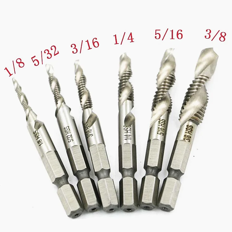 6ชิ้น/เซ็ตHSS4341เครื่องสกรูด้ายขวามือPlug Tapก๊อกสกรูชุดชุดสกรูTwistเจาะชุดBit Hex shank 6.35Mm Tap Dril
