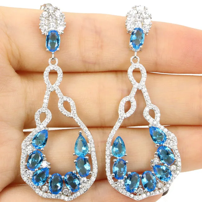 

55x21mm 8.2g Pink Kunzite Swiss Blue Topaz Violet Tanzanite CZ Women Wedding Real 925 Solid Sterling Silver Earrings