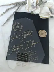 Clear Acrylic WEDDING INVITATIONS laser cut geometric plexiglass black white gold luxury modern calligraphy floral wreath botani