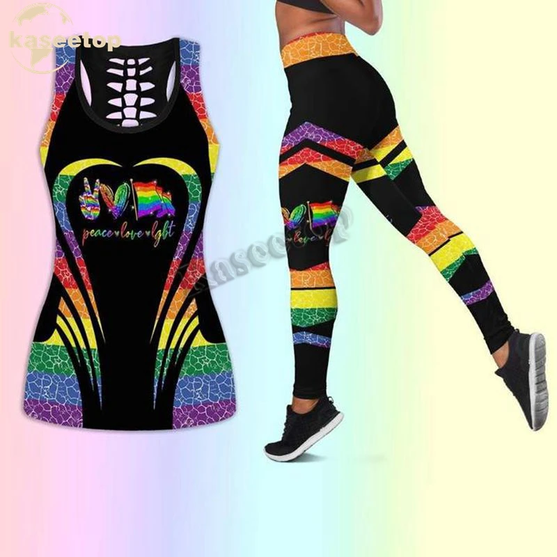 

Kaseetop Peace Love LGBT Combo Two Piece Yoga Set Women 3D Print Vest Hollow Out Hollow Tank & Legging Outfit Summer Casual LK25