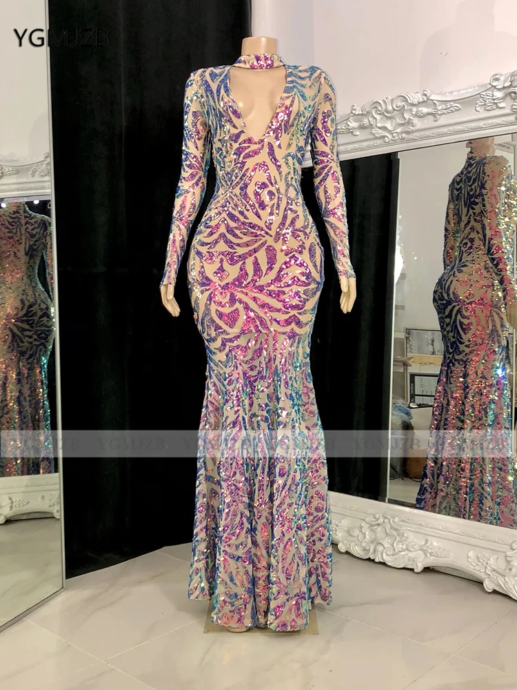 

Mermaid Sequin Evening Dresses 2021 V Neck Long Sleeves Floor Length African Girls Saudi Arabic Women Formal Prom Gowns
