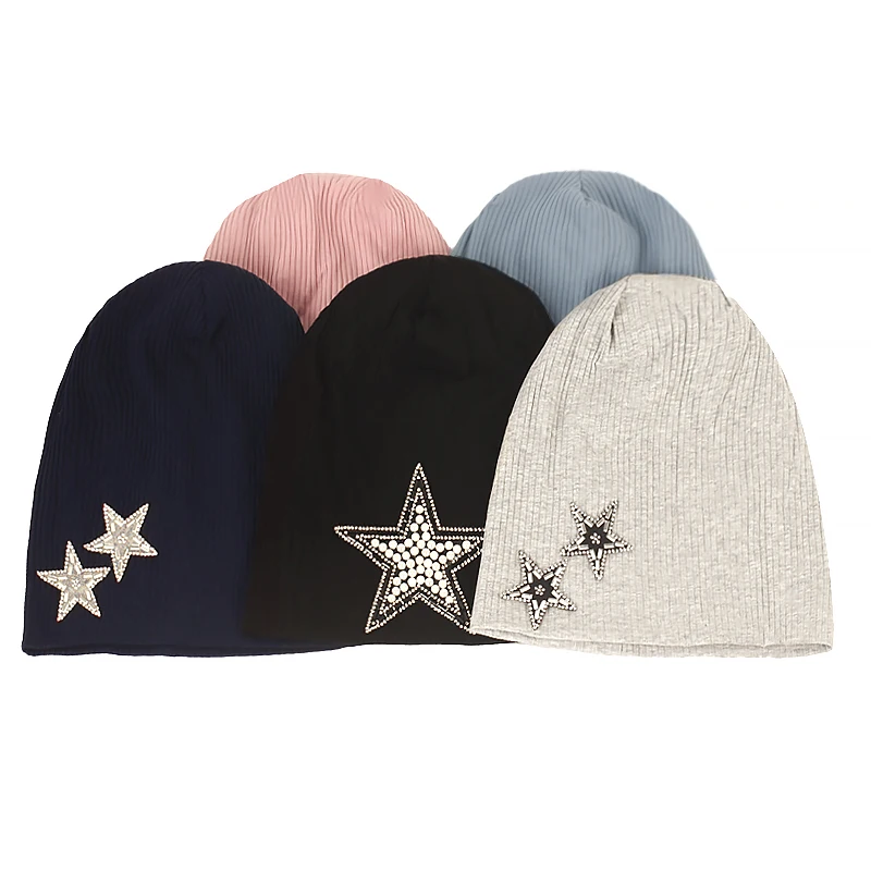 Women Cotton Ribbing Knitted Soft Skullies Beanies Hat Solid Color Warm Elastic Ladies Cap With Pentagram Rhinestone Accessories