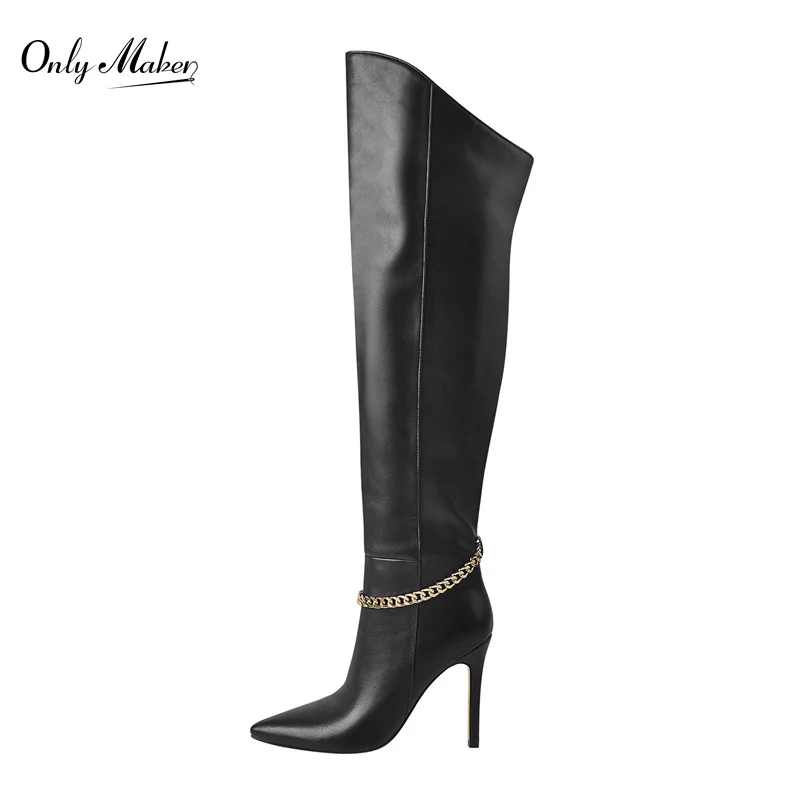 Onlymaker Woman Over The Knee Boots Pointed Toe Thin High Heels Matte Black Metal Chain Zipper Big Size Boots Shoes