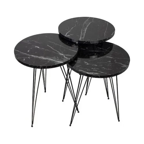 All Home Nesting Table Metal Leg 3-Piece Service Table Black Marble Pattern