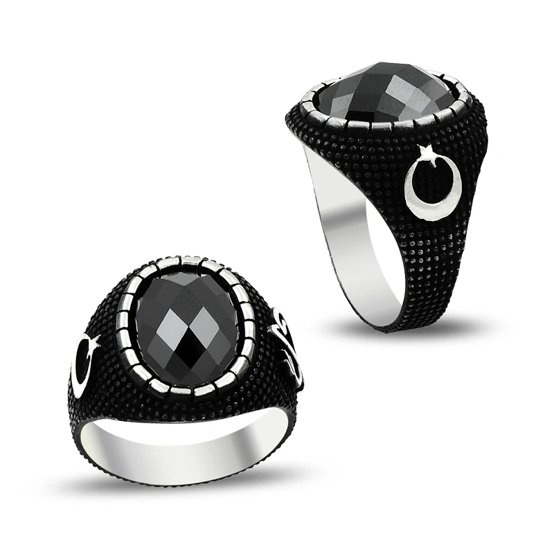 925 Silver Moon Star Printted Ethnic Turkish Rings for Men