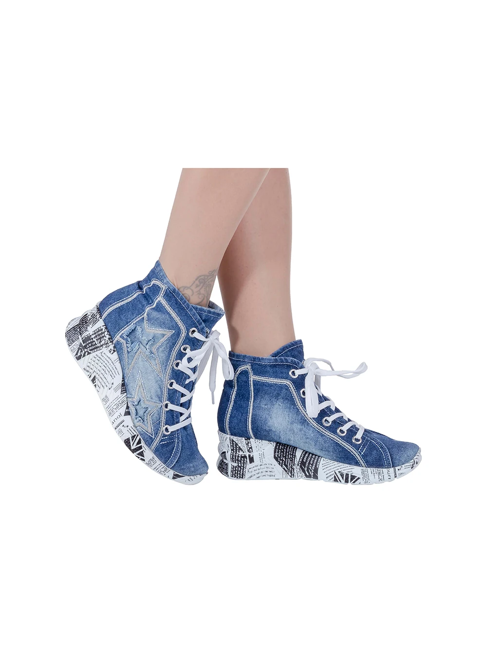 Denim Shoes Handmade Super Star Blue Denim Boots Women's Sneakers Birthday gift for the love / 816