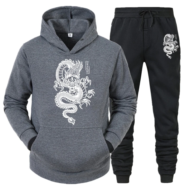 Conjunto de chándal con capucha y pantalón para hombre, sudadera polar informal con estampado de dragón, ropa deportiva de calle, Primavera e