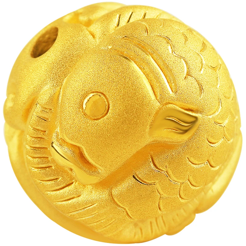 

New Arrival 24K Yellow Gold Beads 999 Gold Carved Fish Round Beads Loose Beads