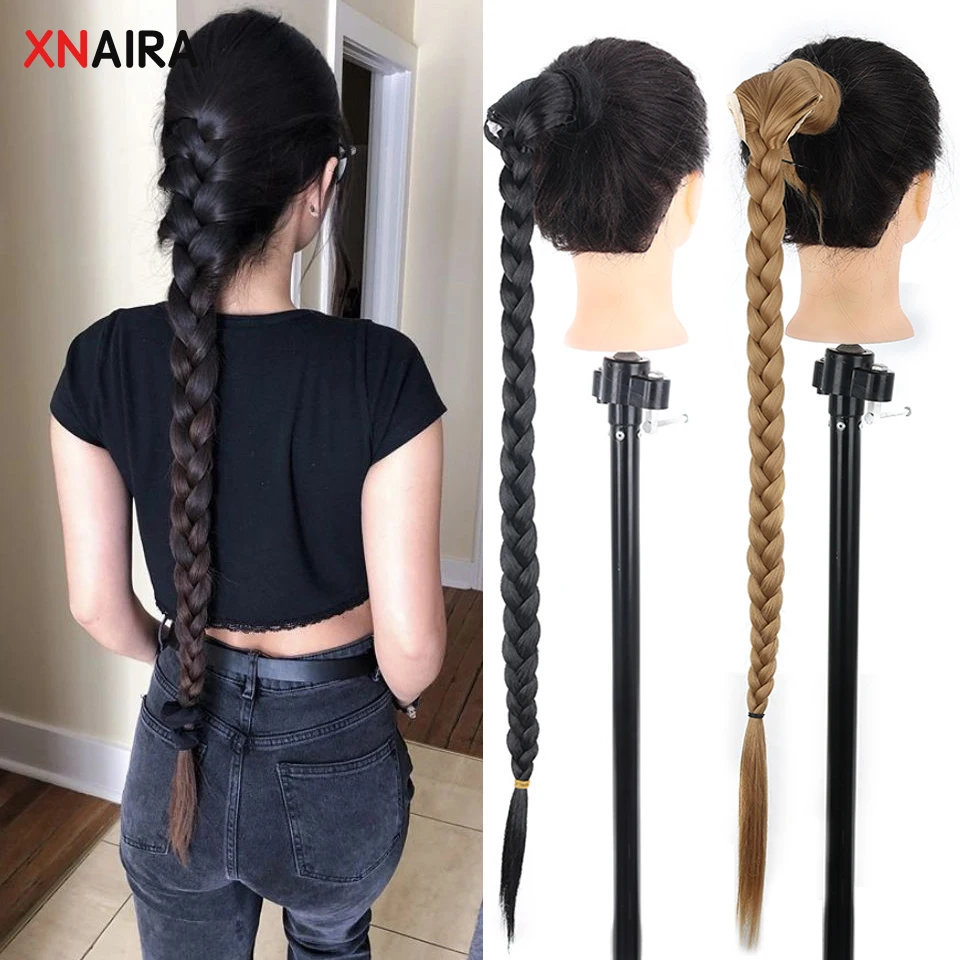 75cm 29inch Super Long Wrap Around Jumbo Pre Braided Ponytail Ombre Brown Blonde Synthetic Hair Extensions