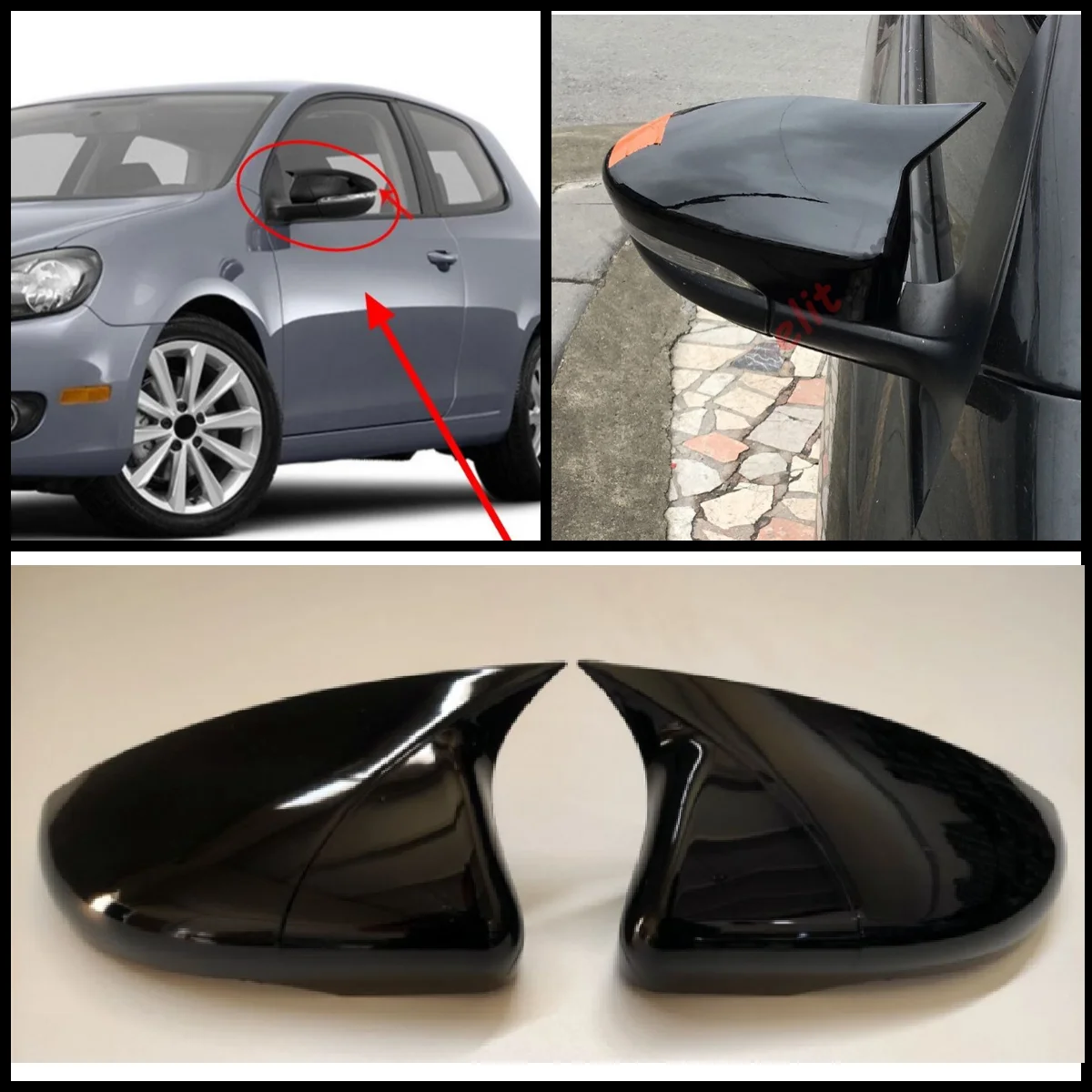 For Volkswagen Golf MK6 2008-2012 ABS Plastic Bat Wing 2 Pieces Mirror Covers Caps Rearview Mirror Case Cover Gloss Black Access