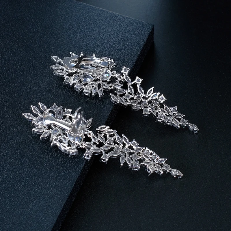 Ekopdee 2022 New Leaf Cubic Zirconia Crystal Women Long Ear Clips Earrings No Piercing Drop Ear Cuff Party Bride Wedding Jewelry