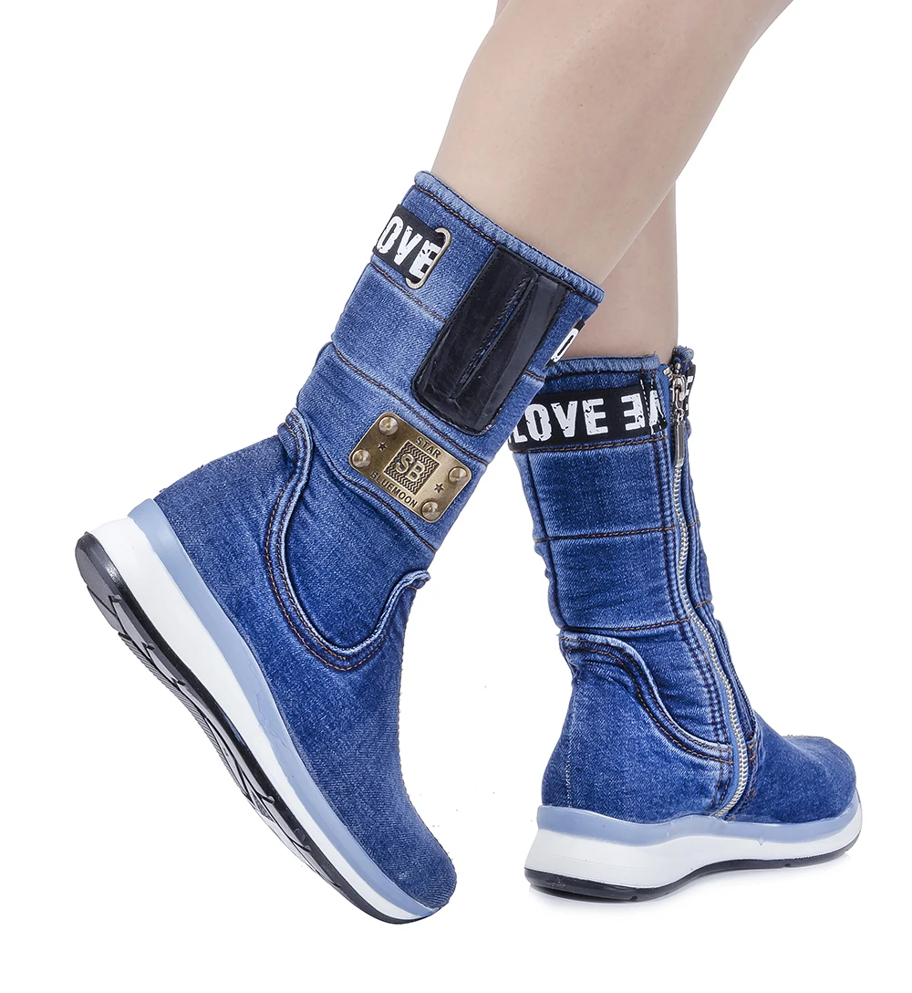 Denim Shoes Handmade Super Star Blue Denim Boots Women\'s Sneakers Birthday gift for the love / 7448