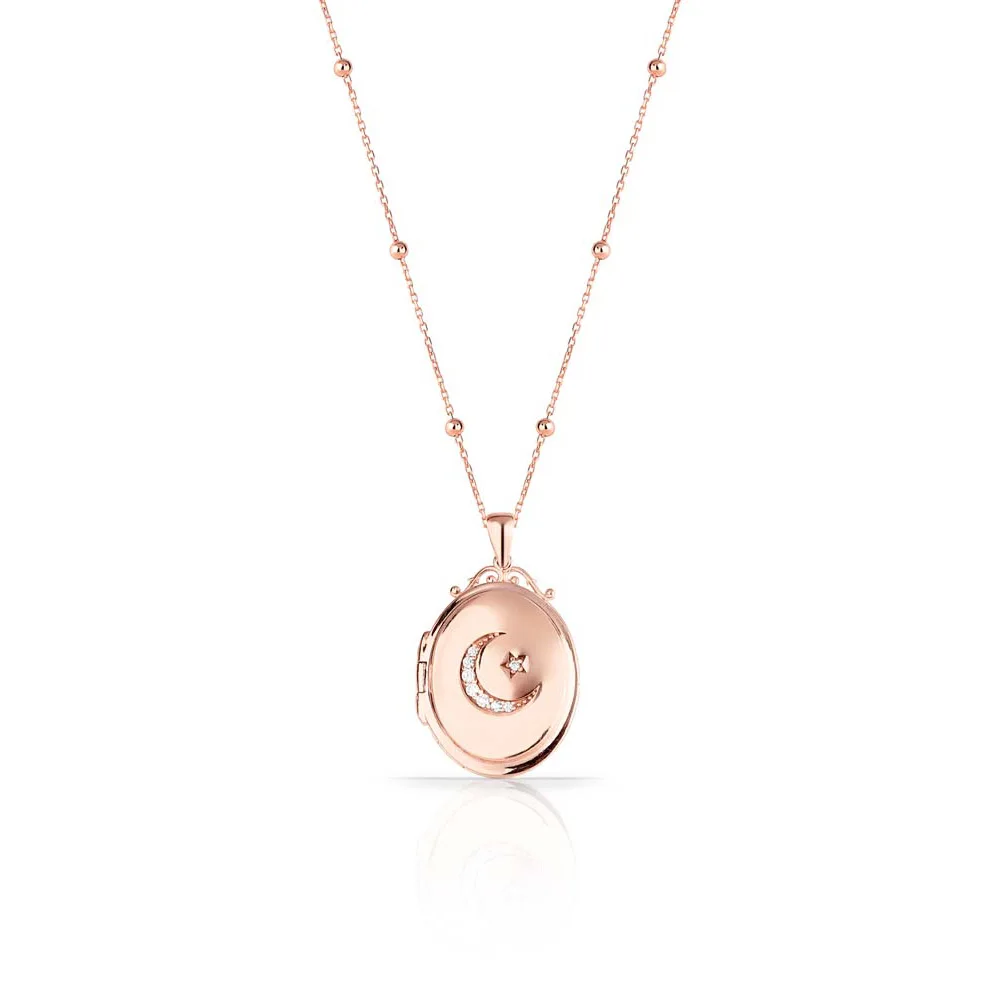 925 Sterling Silver Oval Photo Charm Locket Zircon Necklace Jewelry Rose Gold Plated with Chain