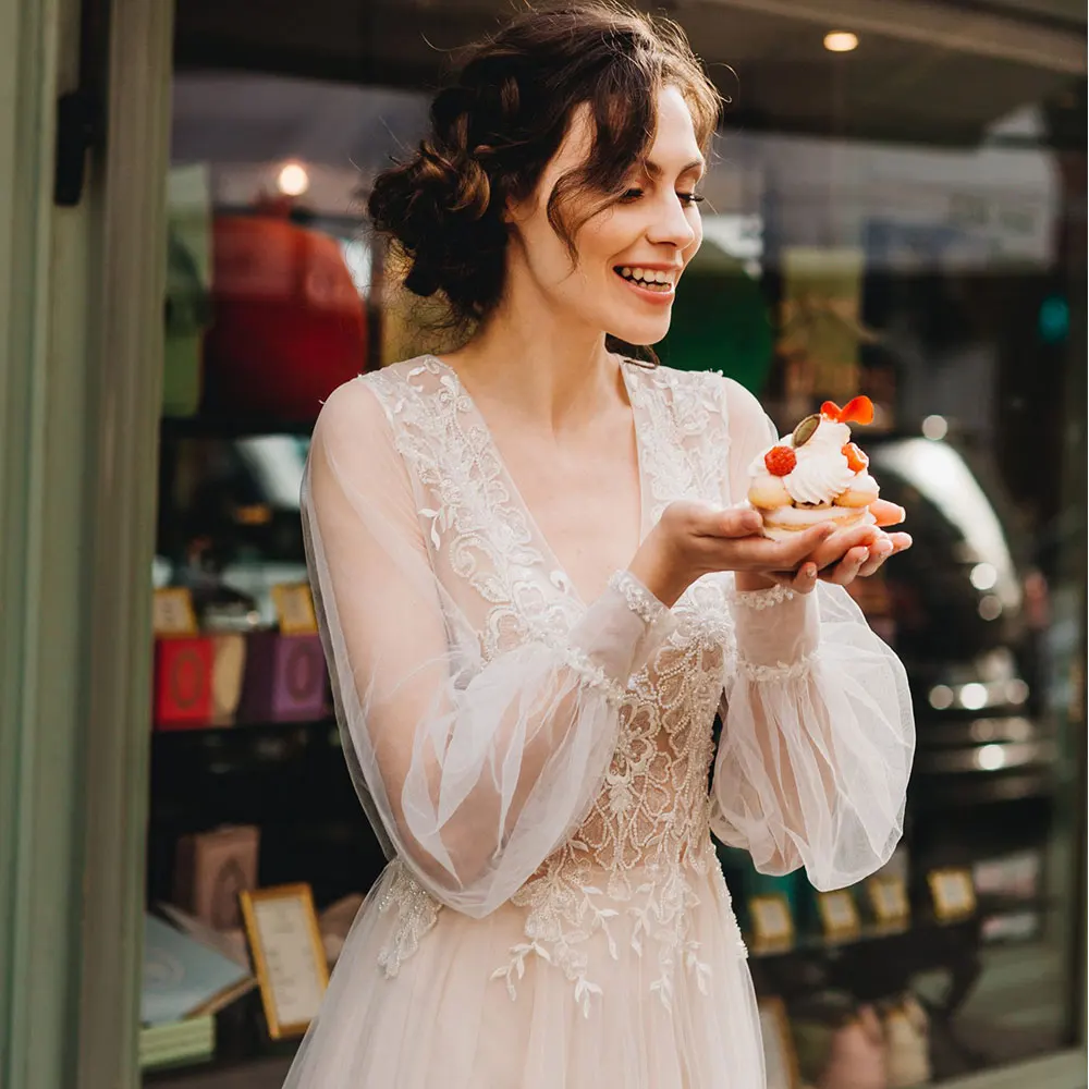 Princesa vestidos de casamento floral tule com decote em v manga longa vestidos de noiva miçangas rendas com pérola vintage robe de mariee feito sob encomenda