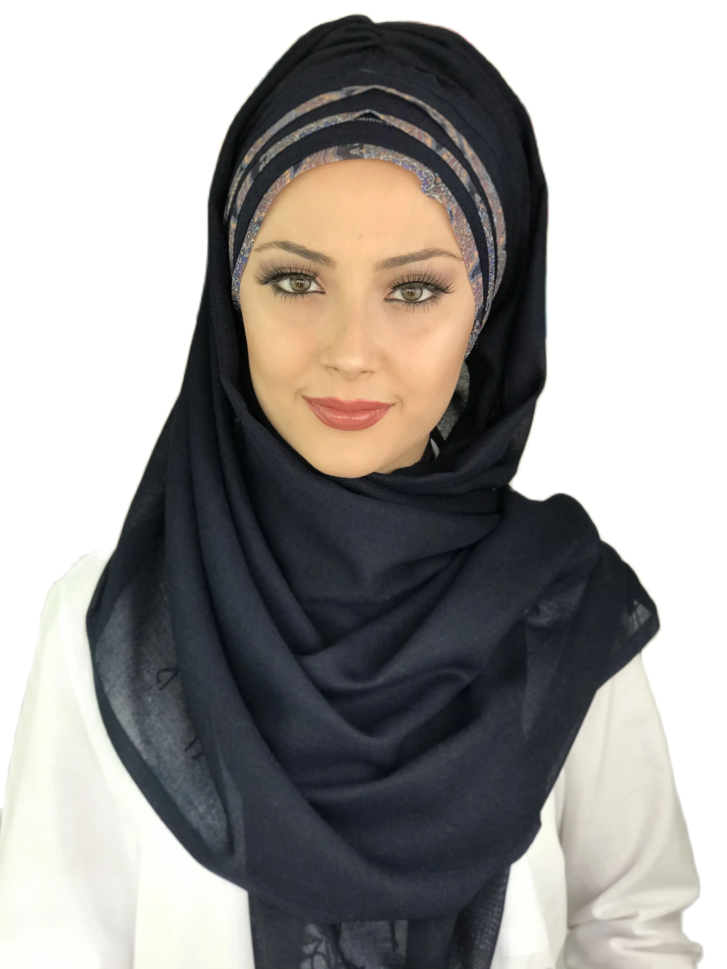 New Fashion Hijab 2021 Muslim Woman's Hat Islamic Turban Bonnet Scarf Dark Navy Patterned Chiffon Stripe Detailed Ready Made