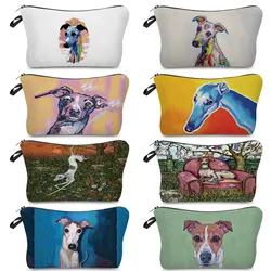 Personalized Oil Painting Greyhound Dog Prints Makeup Bag Portable Female Toiletry Bag Kids Big Pencil Case Women Cosmetic Bag