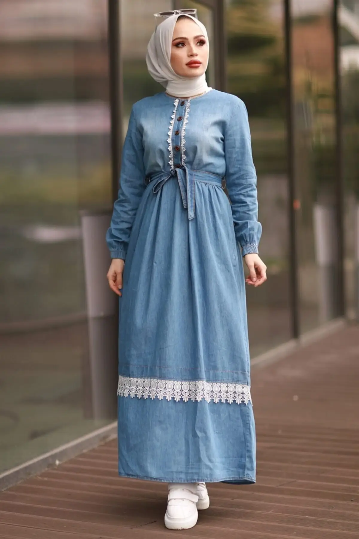 Denim Dress Dark Blue muslim long dress women Lace Dubai turkish kerchief 44,46 big size Islamic clothing Tunic Pants Suit