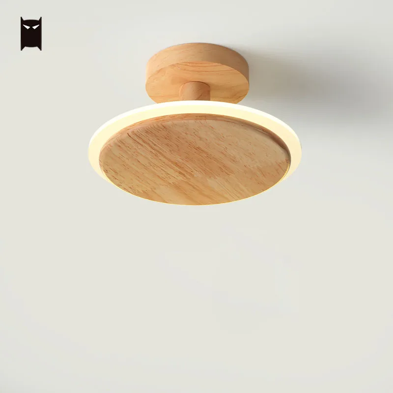 Small Mini Oak Wood Semi Flush Mount LED Ceiling Light Fixture Art Minimalist Nordic Scandinavian Plafon Lamp Hallway Balcony