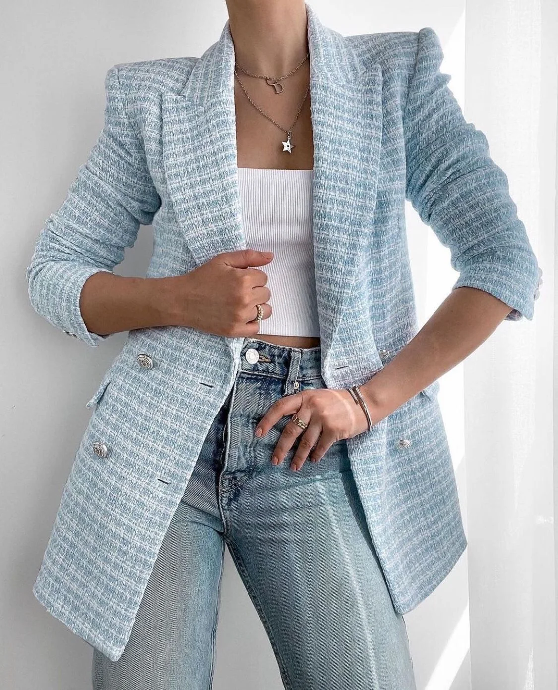 2022 New Fashion Casual Double Breasted Tweed Women Blazer Jacket Spring Autumn Coats Stylish Office Ladies Blouses High Quality