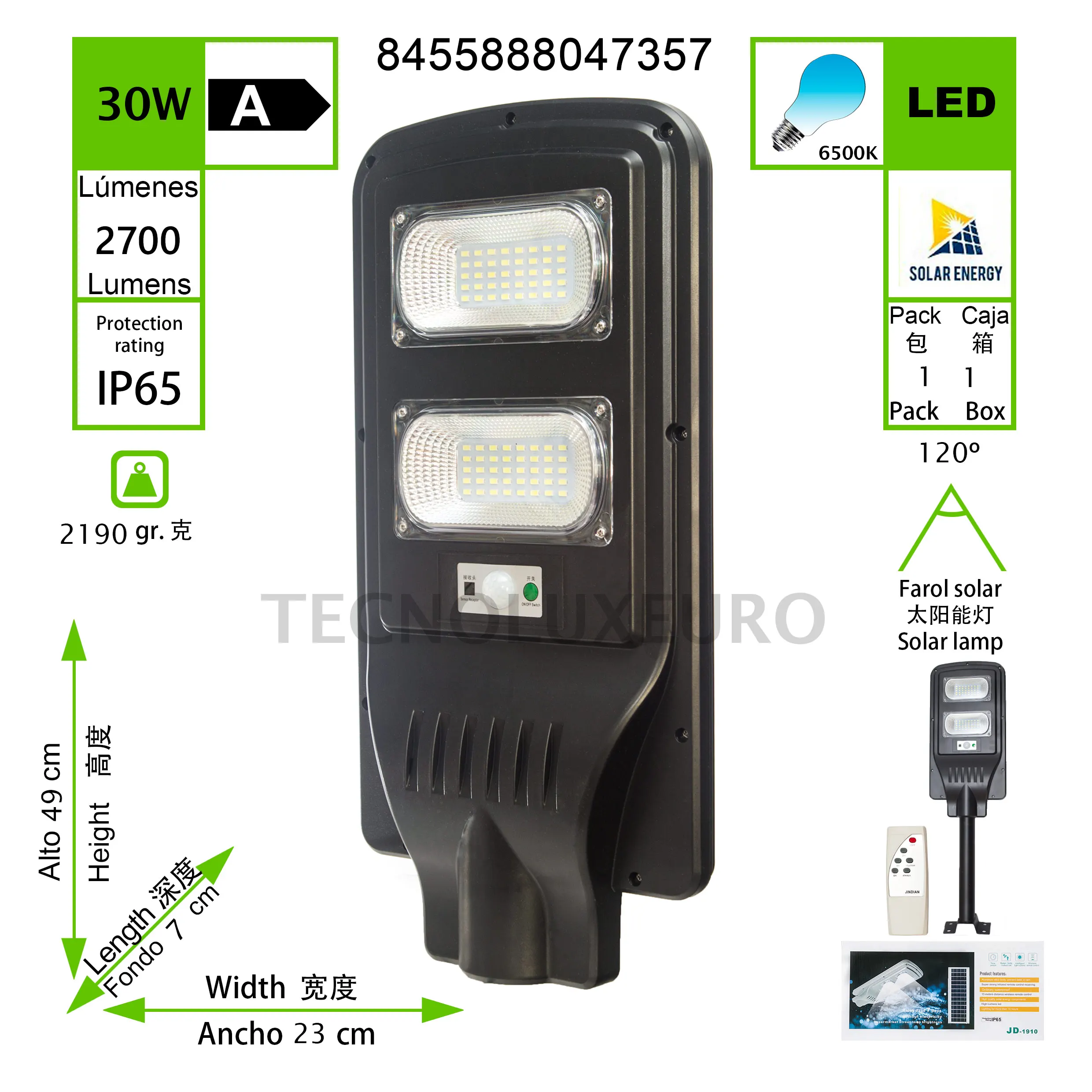 LED FAROLA SOLAR + SOPORTE 30W