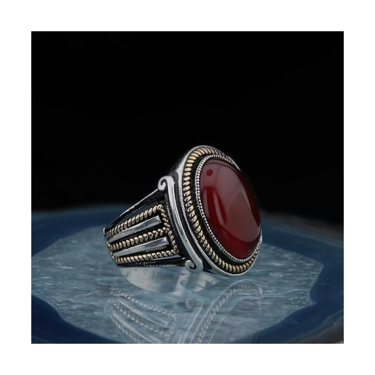 925 Sterling Silver Oval Burgundy Agate Stone Design Cool Men's Ring Exclusive Chic Accessory for Men Special Ring