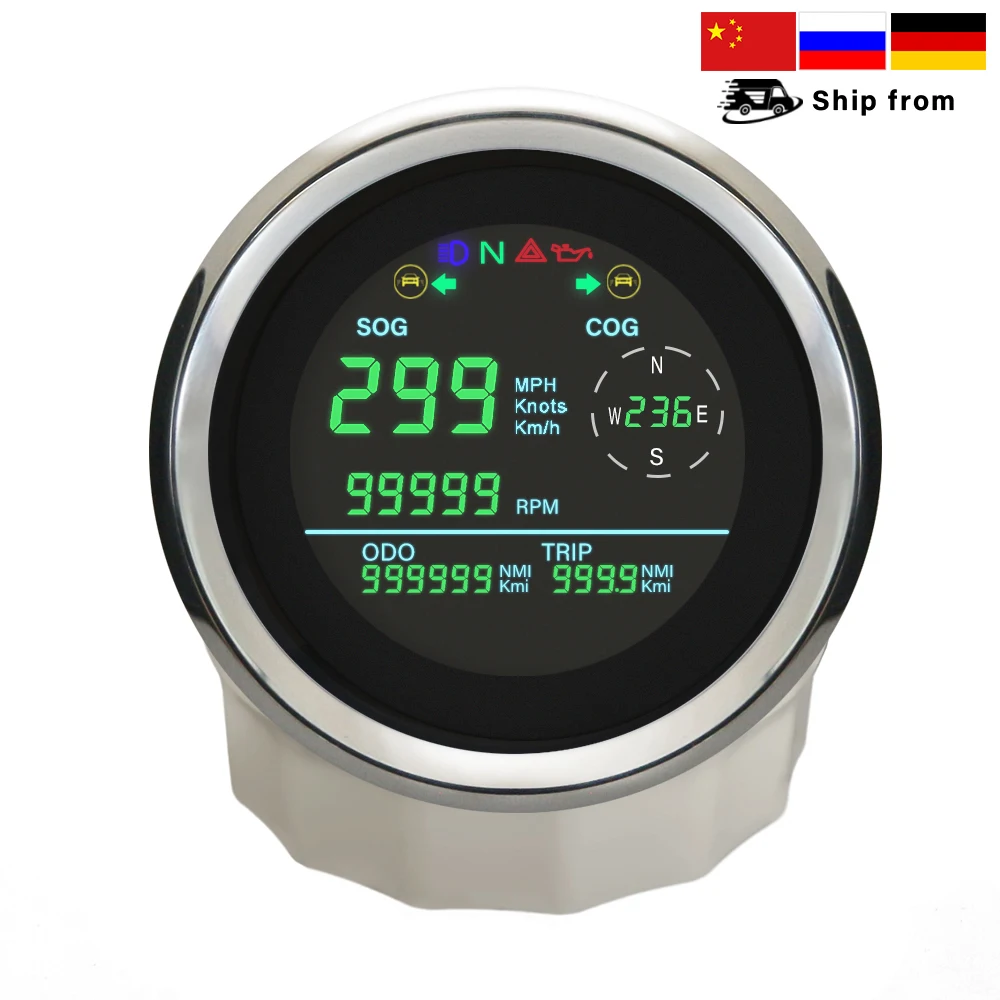 

85mm Multi-function LCD GPS Speedometer 0-299km/h MPH Knots Trip Odometer Direction RPM Tachometer for Car Motorcycle with Alarm