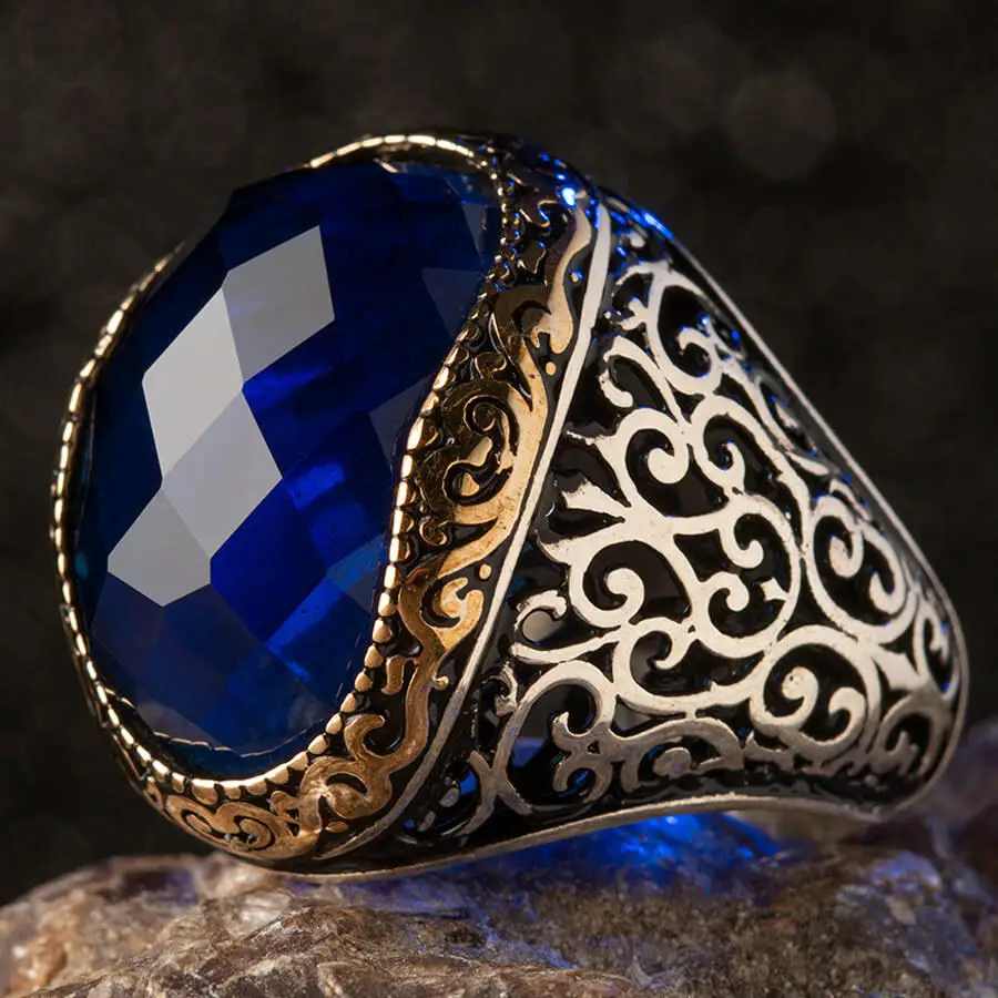 

Ornamented Silver Mens Ring with Blue Zircon Stonework Fashion Turkish Premium Quality Handmade Jawelery